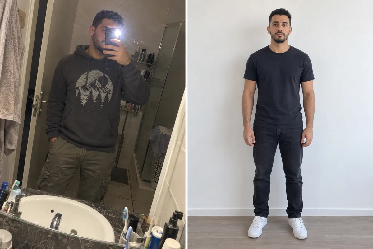 À gauche, un selfie dans un miroir de salle de bains, téléphone devant le visage, pieds coupés. À droite, le même homme photographié par quelqu'un d'autre, en pied, devant un mur blanc.