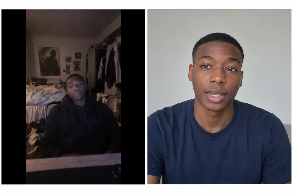 À gauche, une vidéo verticale filmée de nuit dans une chambre en désordre, loin de la caméra. À droite, le même jeune homme cadré à la poitrine, devant un mur uni, en lumière du jour.